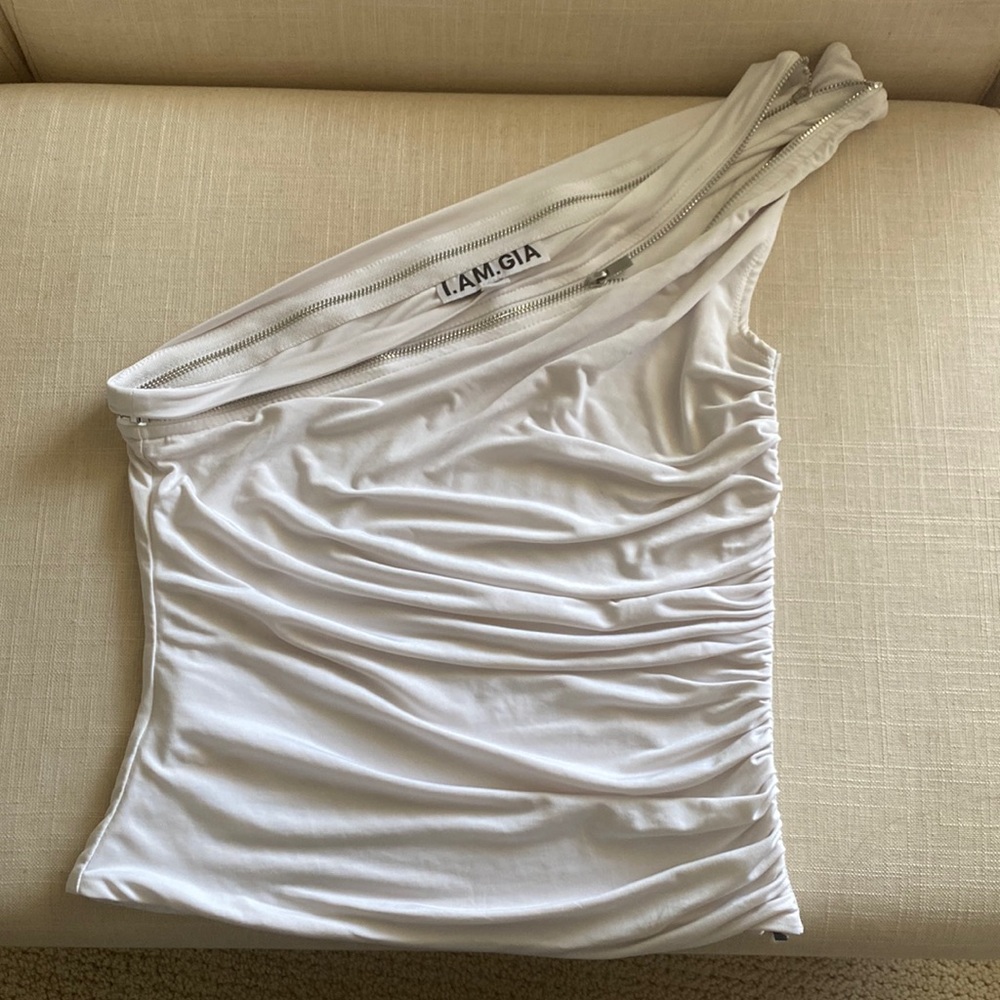 I.AM.GIA. White Zipper One Shoulder Top